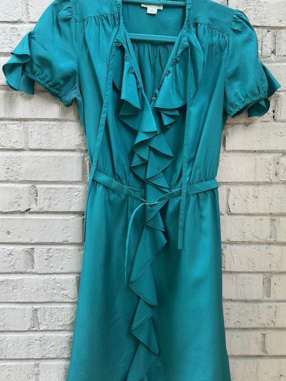 Anthropologie “Lil” Ruffle Front Emerald Green Silk Dress 4